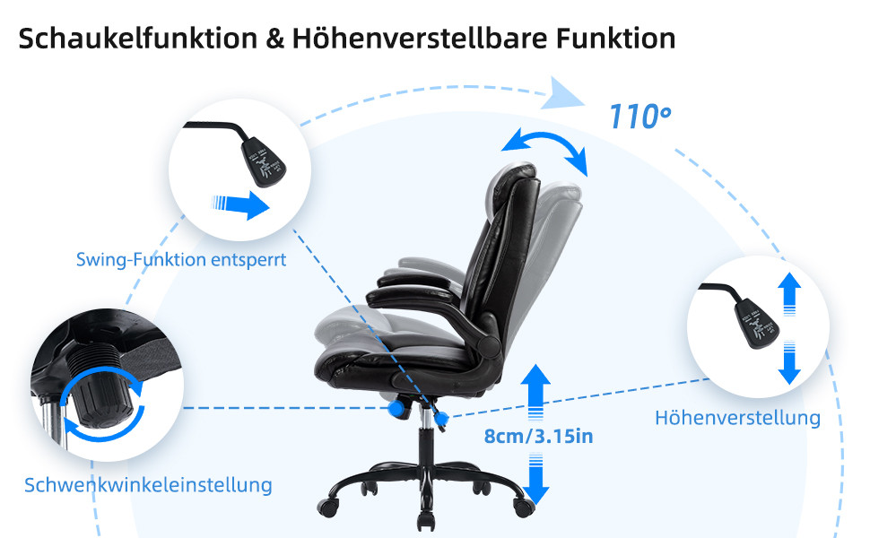Ергономічне крісло для офісу, ігрове, з підлокітниками, регульоване по висоті, з PU шкіри (Чорний)