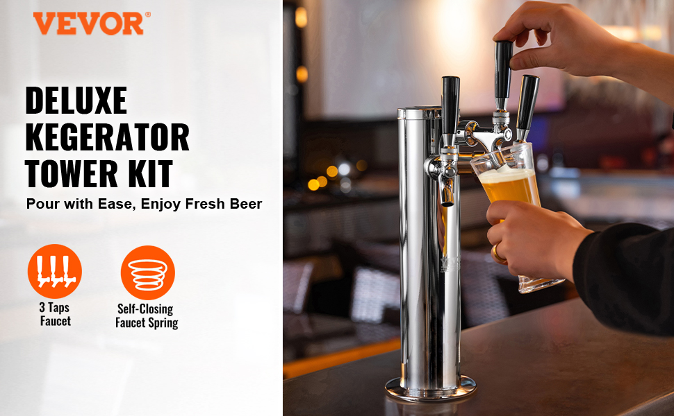 Bierzapfturm VEVOR з двома кранами: бак з нержавіючої сталі, комплект кегератора з попередньо встановленими шлангами та самозакривними кранами для вечірок, барів, пабів та ресторанів (три крани)