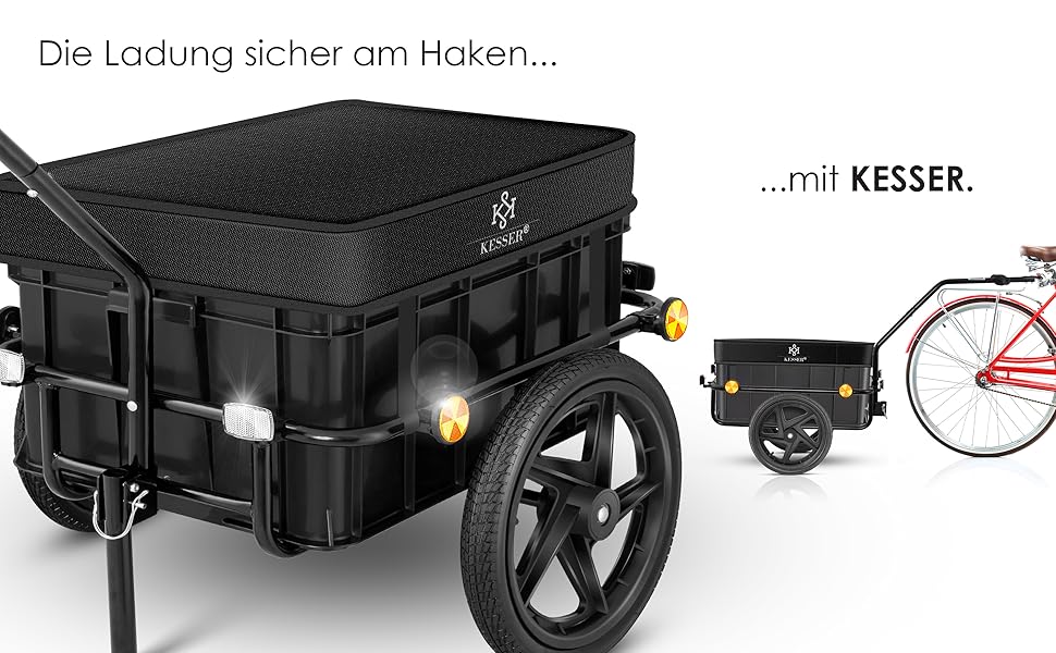 Причіп для велосипеда KESSER®: вантажний, ручний, з кутом нахилу, об'ємом 70 літрів (2 ящики для пива) + аксесуари, чорний