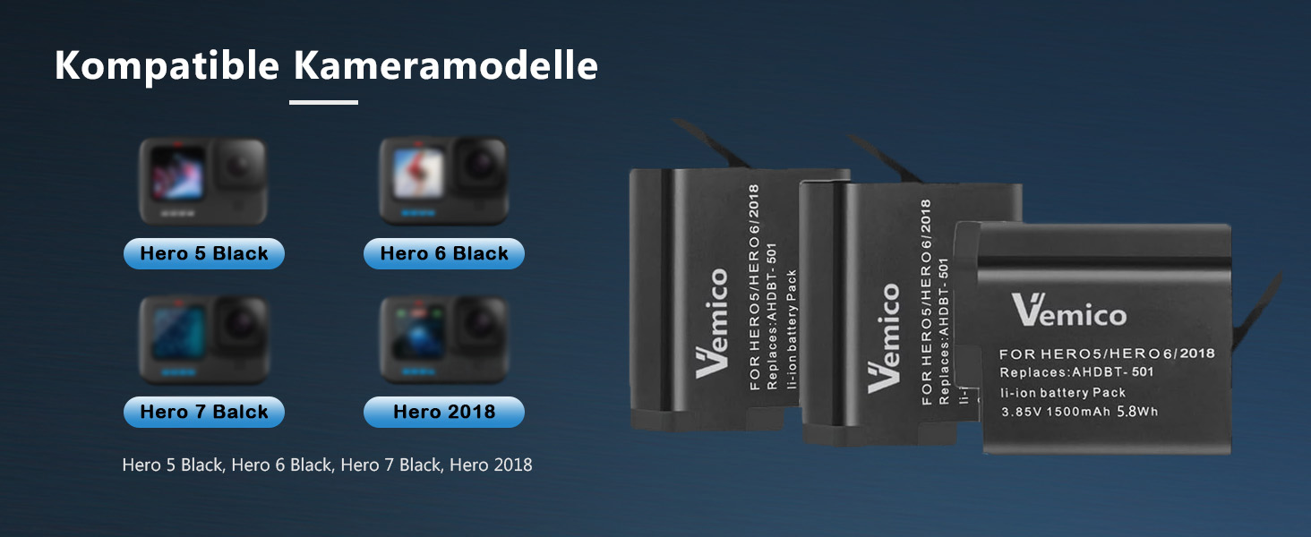 Комплект акумуляторів та зарядного пристрою Vemico для GoPro Hero 7: 3 акумулятори по 1500mAh та USB-C зарядка