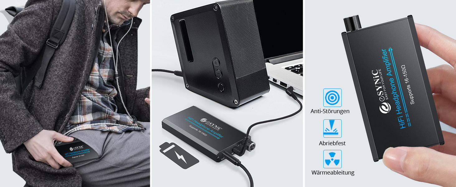 eSynic Підсилювач для навушників HiFi – портативний, для MP3/MP4, смартфонів та ПК, чорний