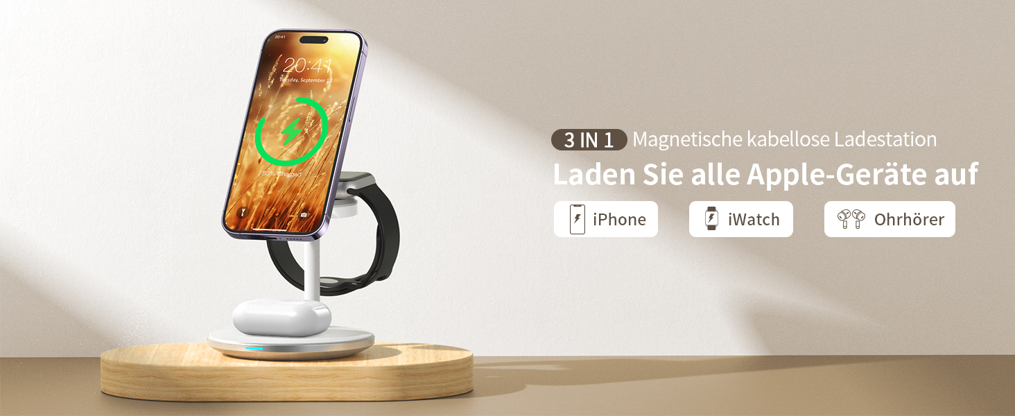 3-в-1 індукційна зарядка для декількох пристроїв, 15W MagSafe зарядка для iPhone 15/14, MagSafe зарядний пристрій для iWatch Ultra 2/1/Series 9/8, AirPods, білий колір