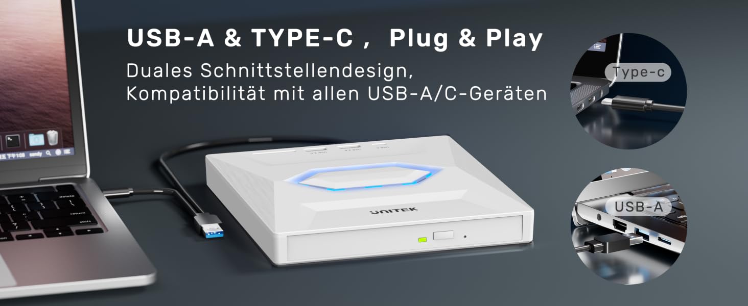 Зовнішній USB-C CD/DVD-привід UNITEK з картридером SD, USB 3.0 хабом та записом CD-ROM, білий — для ноутбуків, ПК (Windows, Linux, macOS)