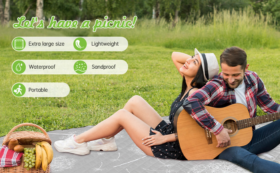 Пікнікова ковдра Aptliton 200x200 см, велика водонепроникна, з 4 кілочками, для кемпінгу, парку, саду, пляжу, машинного прання, складна, сірий молочай