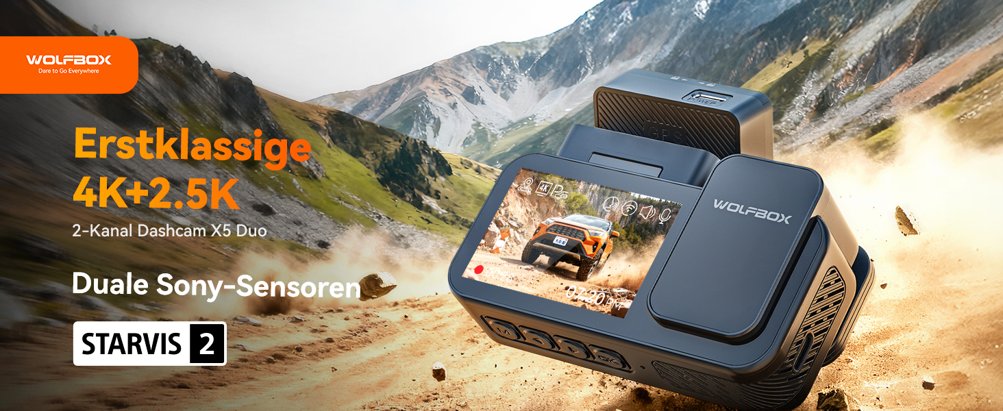 Автомобільний відеореєстратор WOLFBOX X5 Duo 4K+2.5K з передньою та задньою камерами, HDR, GPS, Wi-Fi 5.8 ГГц, сенсорним екраном та карткою пам'яті 64 ГБ