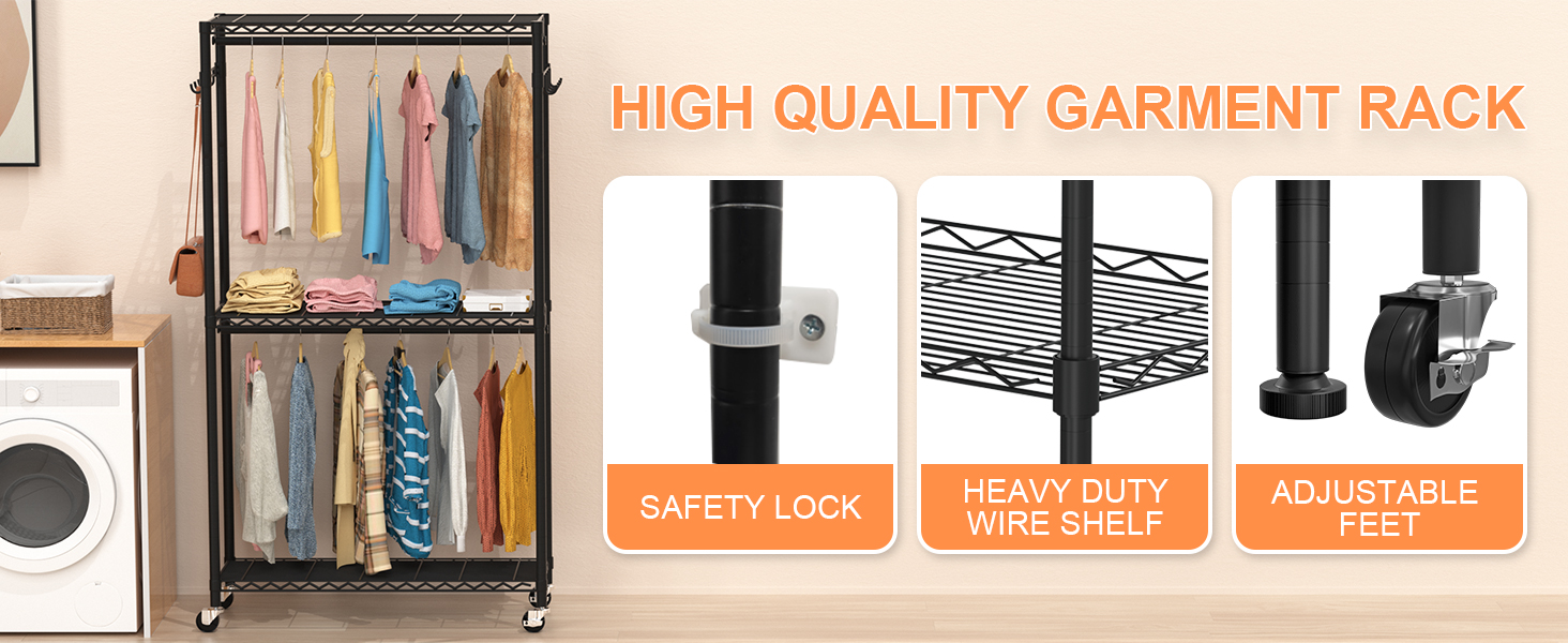 Clothes Rack, Clothes Rack, 4-Tier, Adjustable Closet Organizer System with Drawer | Double Rods | Side Hooks | Holds 445 lbs (Clothes Rack with 4 Drawers)