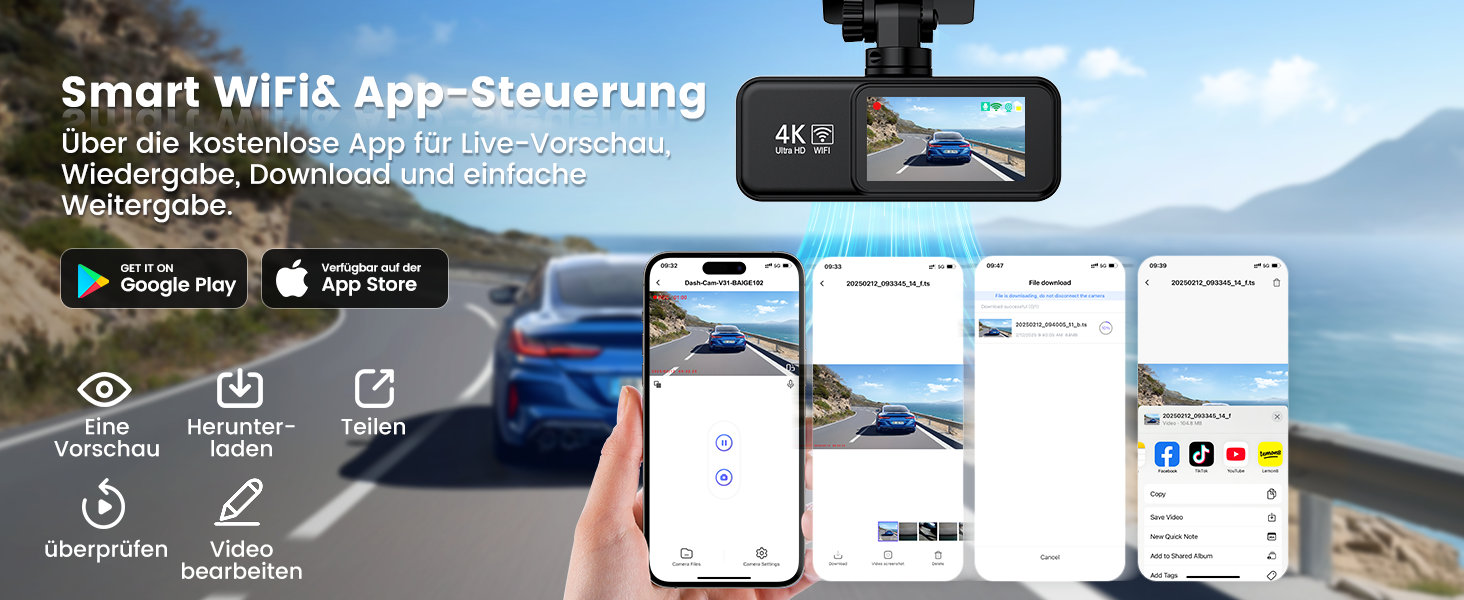 Відеореєстратор SIGRILL Dashcam Auto 4K+1080P з Wi-Fi, двоканальний, з карткою 64GB, нічне бачення, паркувальний режим, G-сенсор, запис по колу, підтримка до 256GB