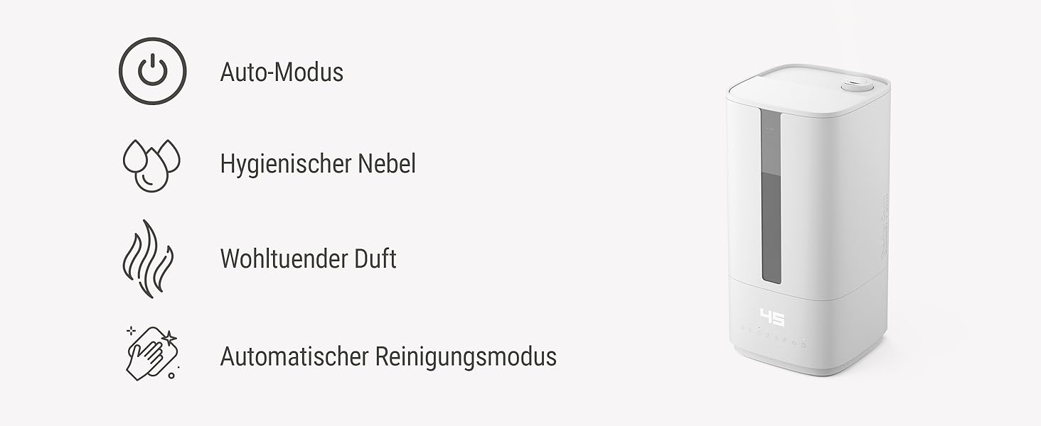 Зволожувач повітря Stadler Form Oliver, для великих приміщень до 60 м², тихий, компактний, потужний, 6 режимів, авто-режим, вимкнення LED, бездимний туман, чорний