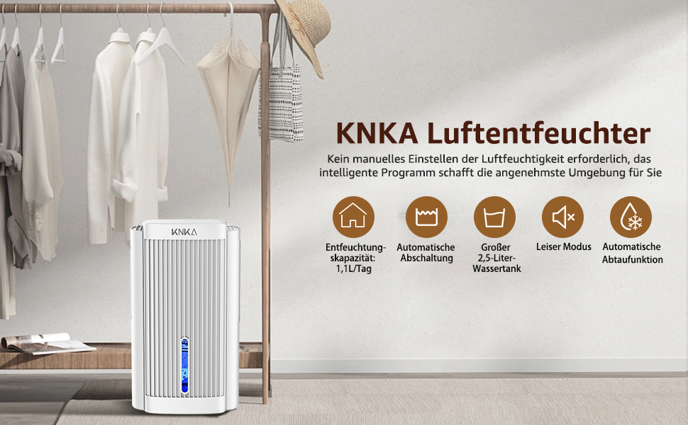 Електричний осушувач повітря KNKA, 1.1 л, тихий (28dB), для дому, ванної, підвалу, з автовимкненням та нічним режимом, кольорове нічне підсвічування (білий)