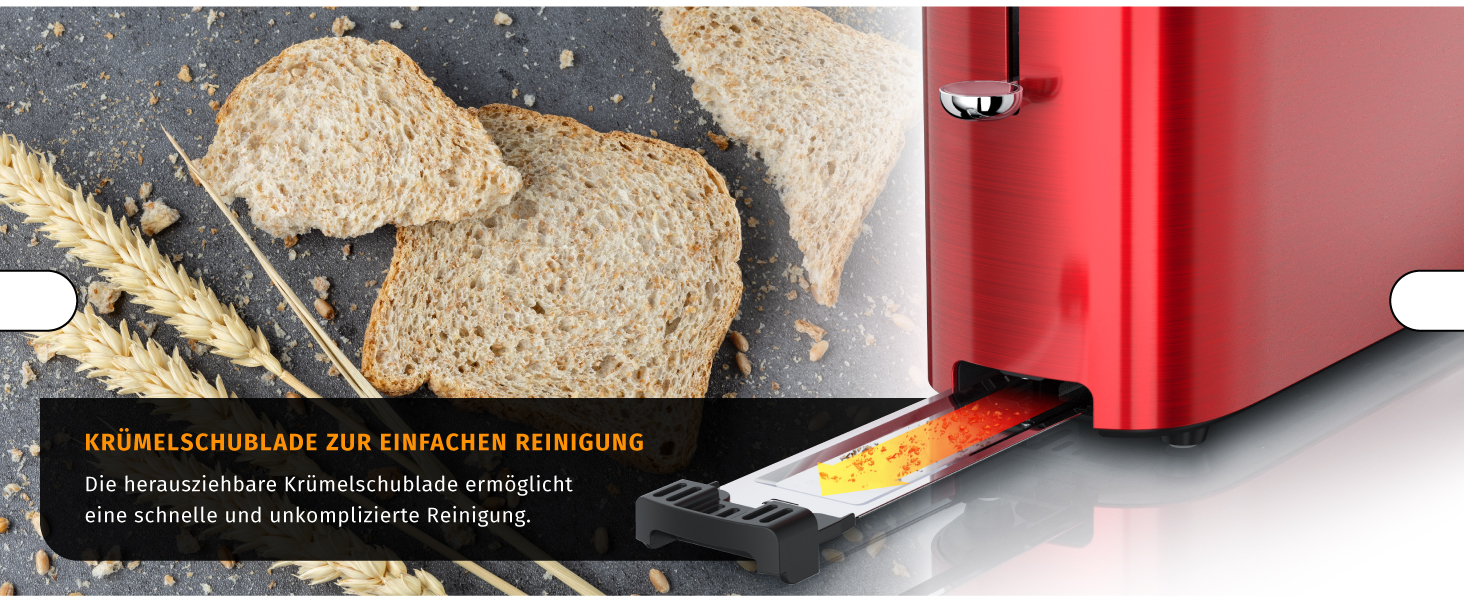 Тостер Arendo з нержавіючої сталі, 2 слоти, сенсорний дисплей, подвійні стінки, насадка для тостів, 6 рівнів підсмажування, центрування хліба, таймер, пам'ять - Чорний (D: Karminrot)