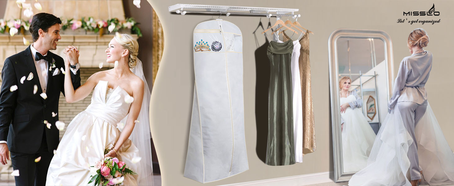 Чохол для вечірньої сукні MISSLO, 177см, дихаючий, з кишенями, для подорожей, білий. Підходить для весільних та довгих суконь, костюмів.