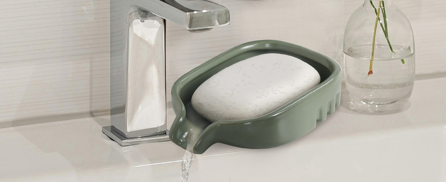 Керамічна миска для мила BosilunLife з отвором для стоку води – неслизька підставка для мила, квадратна, сучасна та мінімалістична, для ванної кімнати, душу, кухні, умивальника (Сірий, Зелений)