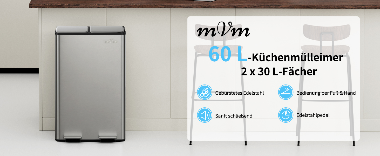 Сміттєвий бак для кухні mVm на 60 л з двома відсіками по 30 л, система Softclose, сірий