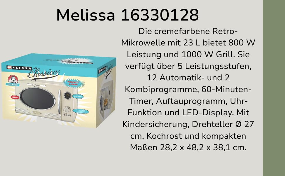 Мікрохвильова піч Melissa Retro 16330129 – 23 літри, 1000 Вт, з грилем, металевий колір