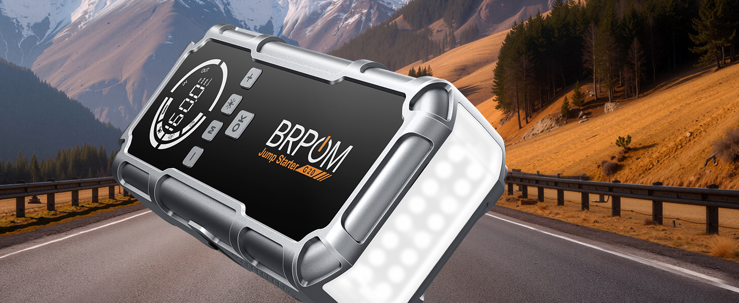 Powerbank Starthilfe BRPOM 8000A з компресором 160PSI для автомобілів, 26800mAh, підтримка бензинових та дизельних двигунів (12.0L), LED-ліхтар 600LUM, сріблясто-сірий колір