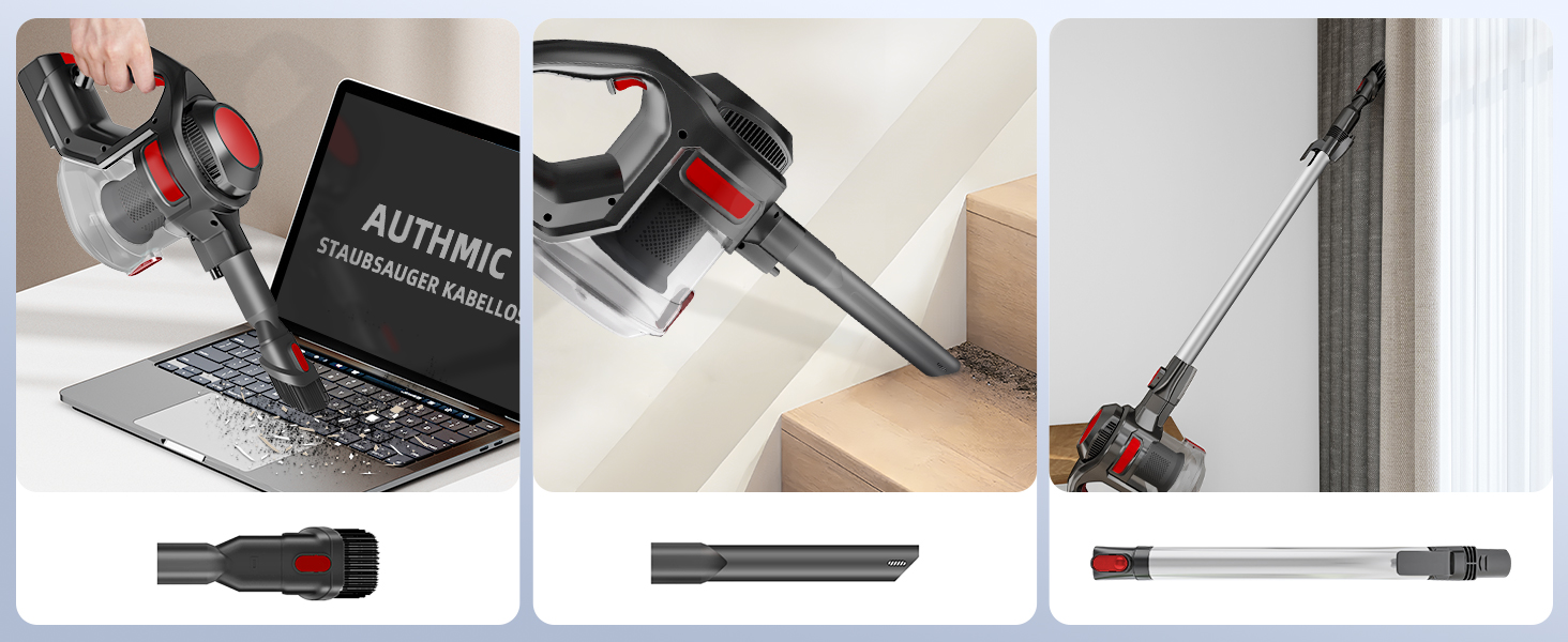 Бездротовий пилосос Authmic 40000Pa з акумулятором, час роботи до 50 хв, об'єм контейнера 1.6 л, HEPA фільтр x4, для килимів, твердих підлог та шерсті тварин