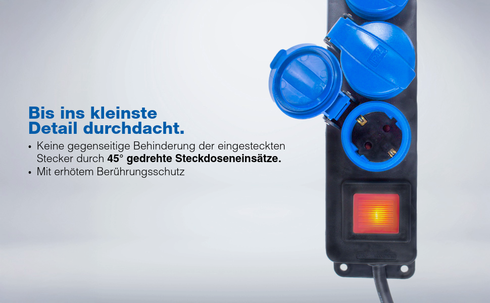 Розподільник розеток Schwabe 3-fach з вимикачем, заземленням, кришкою, 1.5 м, для зовнішнього використання, 230V, 16A, IP44, чорний, синій