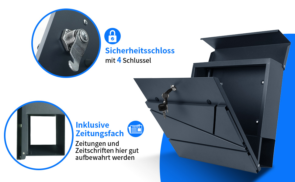 Поштовий ящик Bobodeco Dreispitz антрацит RAL 7016 з оглядовим вікном та газетницею, замок