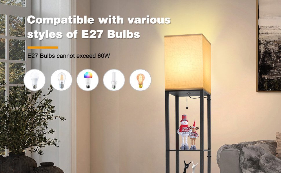 Світлодіодна торшер з дерева, 1.6м, з цоколюванням E27 (3000K-5000K), ретро торшер з 3 полицями, 3 колірні температури, настільна лампа з абажуром для спальні, кута, вітальні, офісу, чорний