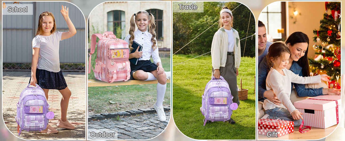 Рюкзак KEBEIXUAN для дівчаток, шкільна сумка 1-5 клас, дихаючий рюкзак з помпоном, фіолетовий + ланч-бокс + пенал