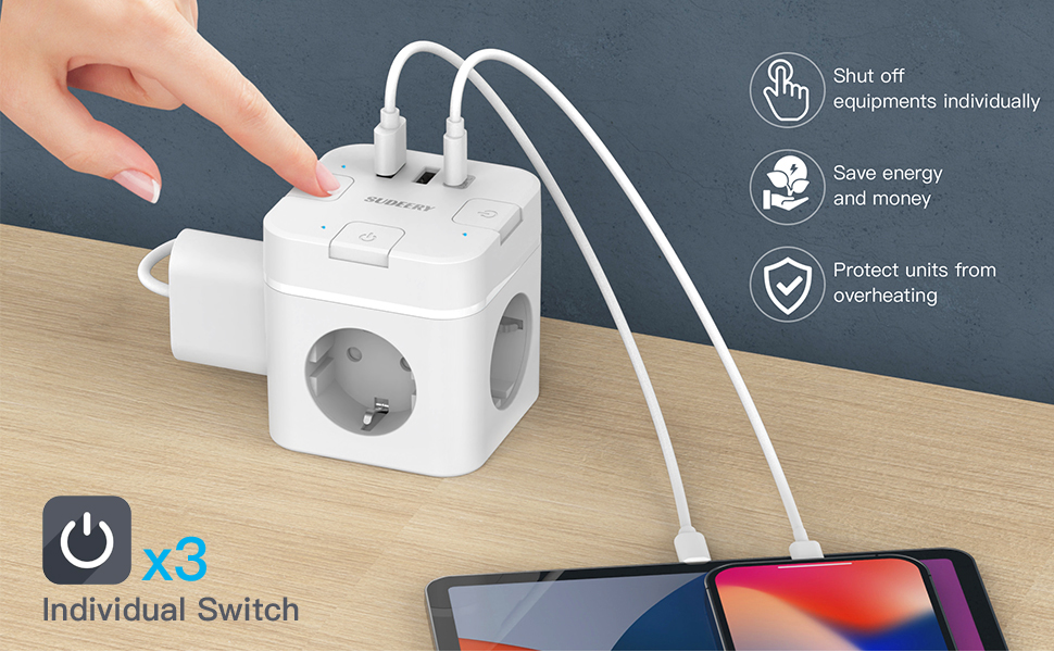 Багатофункціональний розподільник розеток 6 в 1 з USB-C, 3 розетки, плоский штекер, індивідуальне вмикання, кабель 2м, 1 USB-C, для офісу, дому, подорожей (білий)