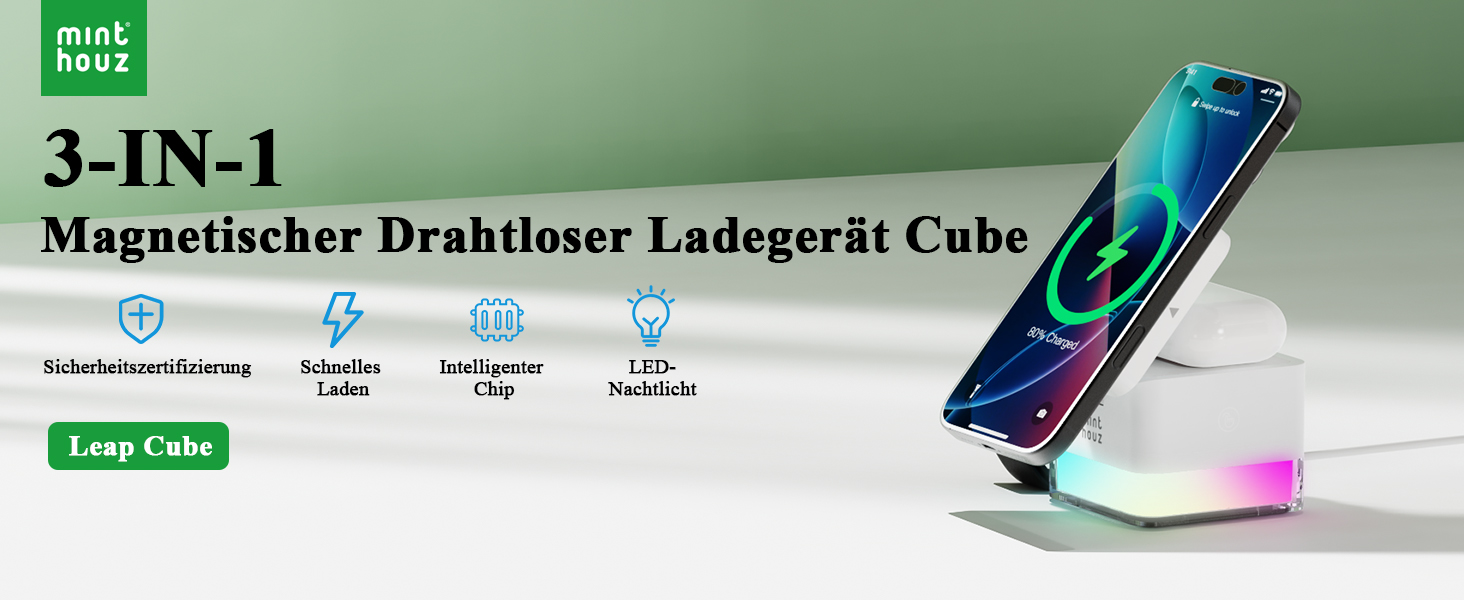 Бездротова зарядна станція 3-в-1 Minthouz Cube, швидка зарядка Qi 15W з багатокольоровою підсвіткою для iPhone 16, 15, 14, 13