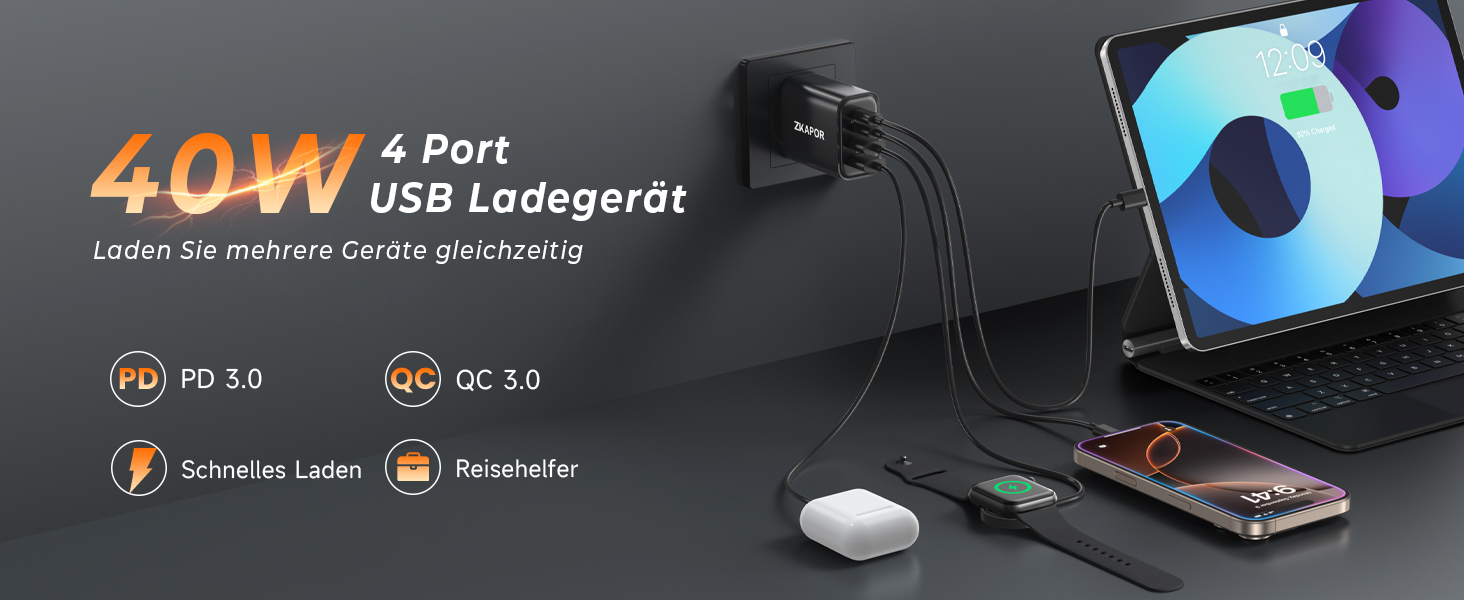 Зарядний пристрій ZKAPOR USB-C з 4 портами, 40W, з підтримкою PD та QC, для iPhone 16/15/14, Samsung Galaxy, Huawei, iPad Pro/Air, білий/чорний