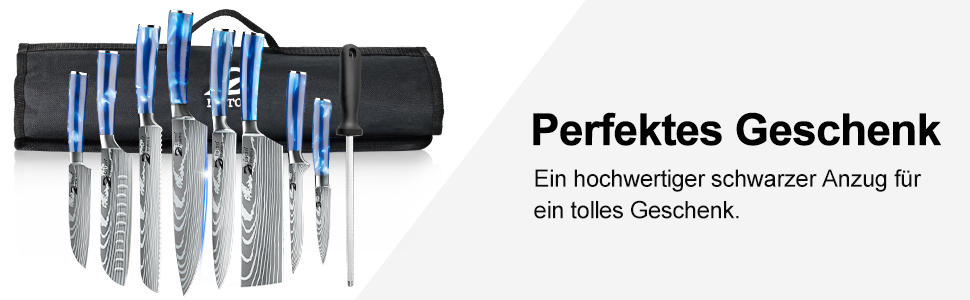 Набір кухонних ножів Dfito, 8 предметів, професійний, з роллю, з високоякісної нержавіючої сталі, синій руків'я