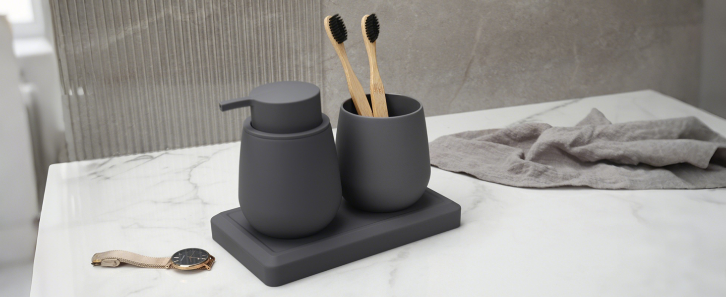 Сучасний набір для ванної кімнати AJEUNGAIN сірого кольору: мильниця, стакан для зубної пасти, піднос. 3 предмети.