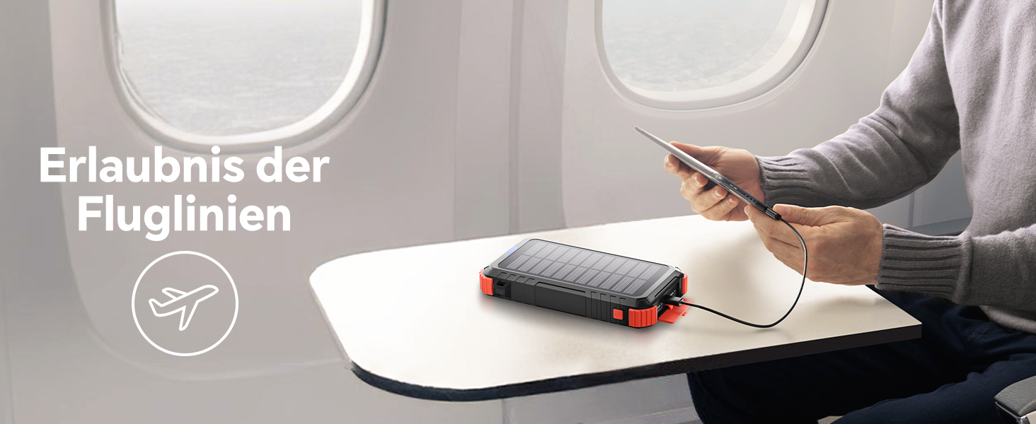 Сонячний Power Bank 26800mAh з PD15W, USB-C, 5 виходів, 3 входи, водонепроникний, з 3 кабелями, 2 ліхтариками та карабіном для кемпінгу, оранжевий