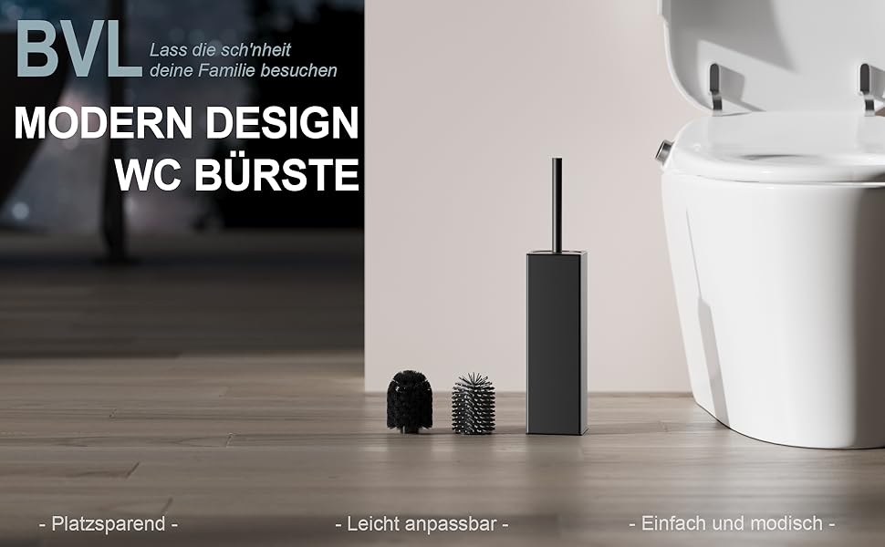 Чорна щітка для унітазу BVL з тримачем, метал, з 2 насадками, квадратна, силіконова, для ванної кімнати