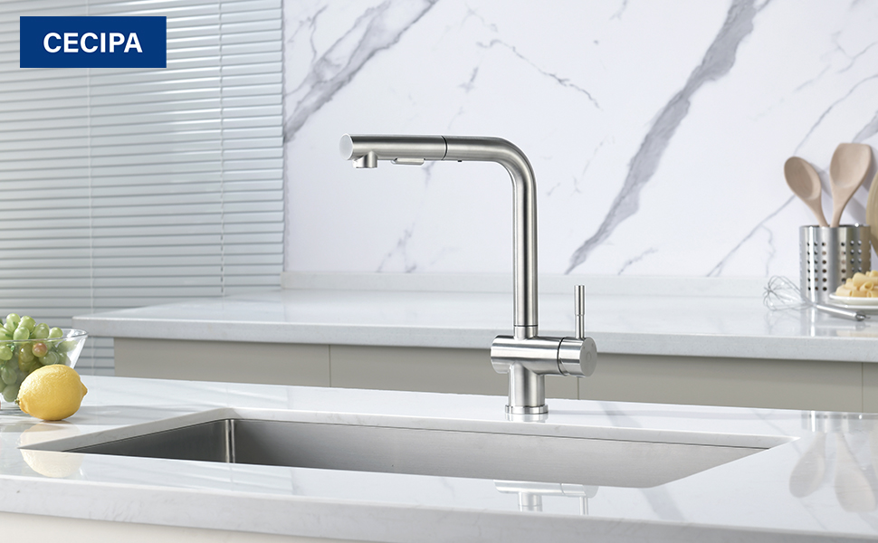 Змішувач кухонний CECIPA Hochdruck, висувна модель з донцем, шлангом та двома струменями, чорний, нержавіюча сталь, 360° обертання, ×207B (L-подібний, матовий нержавіюча сталь)