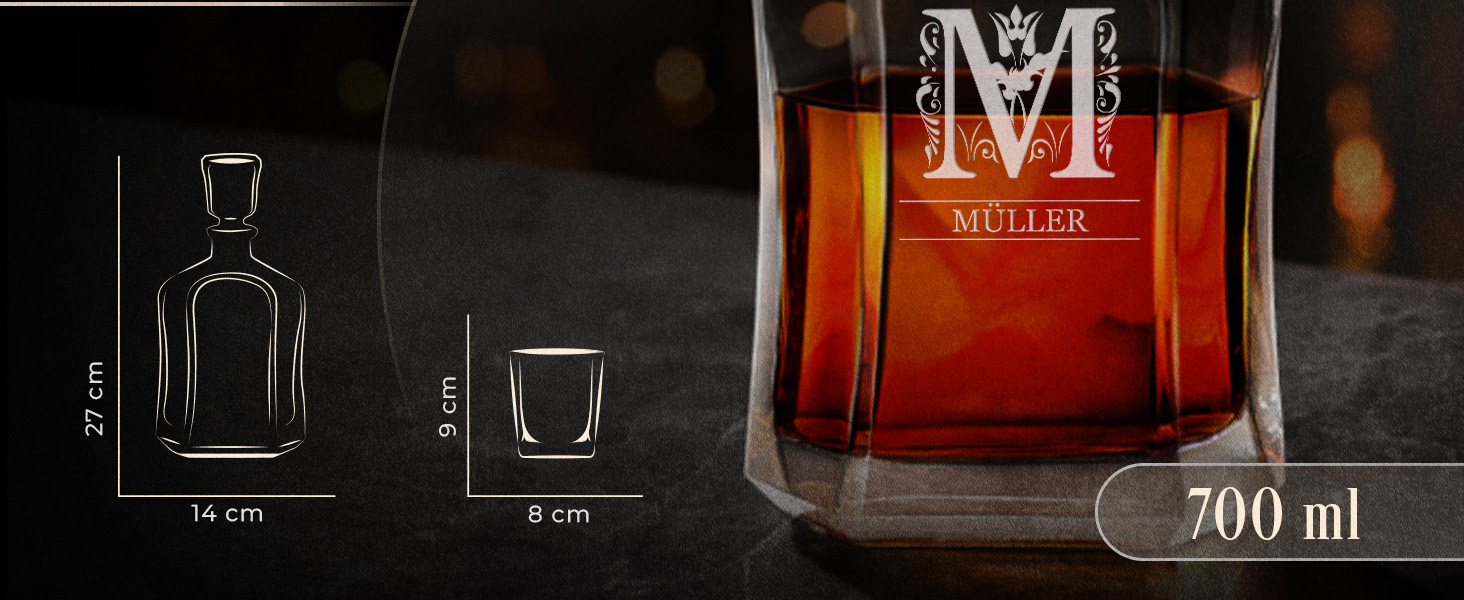 Maverton Whiskey Decanter + 2/4/6 Whiskey Glasses Set with Engraving - 700ml Whiskey Decanter - Christmas Gifts - Anniversary Gift for Couple - Monogram