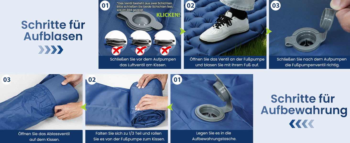 Надувний килимок для кемпінгу LAMA Doppel 200x140x10 см для двох осіб з помпою та подушкою, блакитний