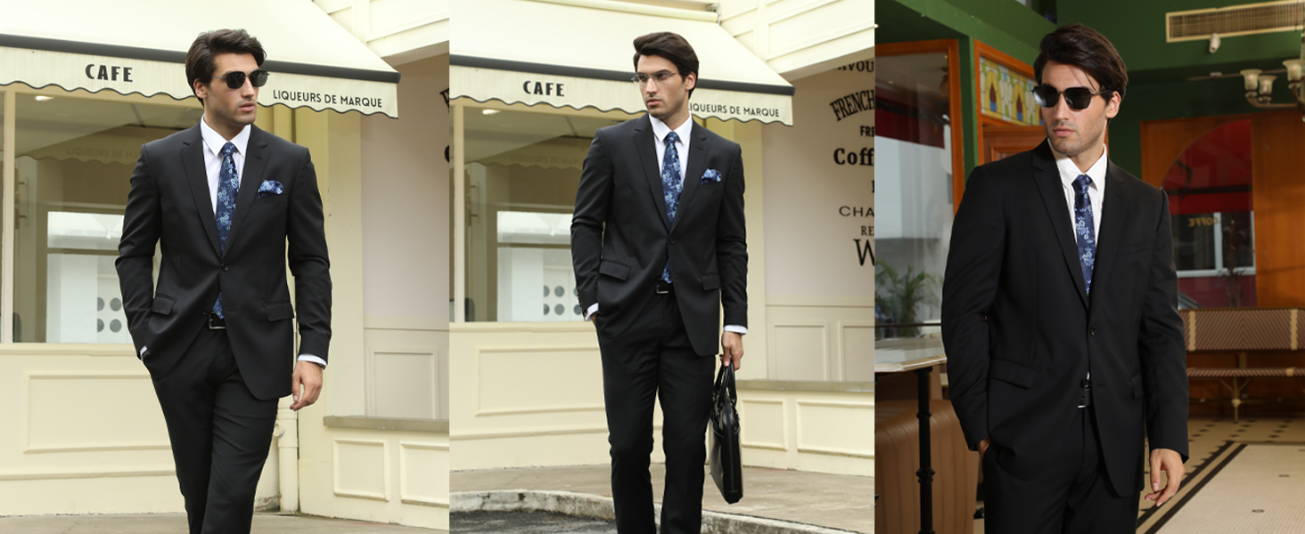 Чоловіча краватка HISDERN 160 см з кишеньковим хустиком. Набір для весілля, бізнесу. Шовкова краватка з квітковим принтом чорного та червоного кольорів.