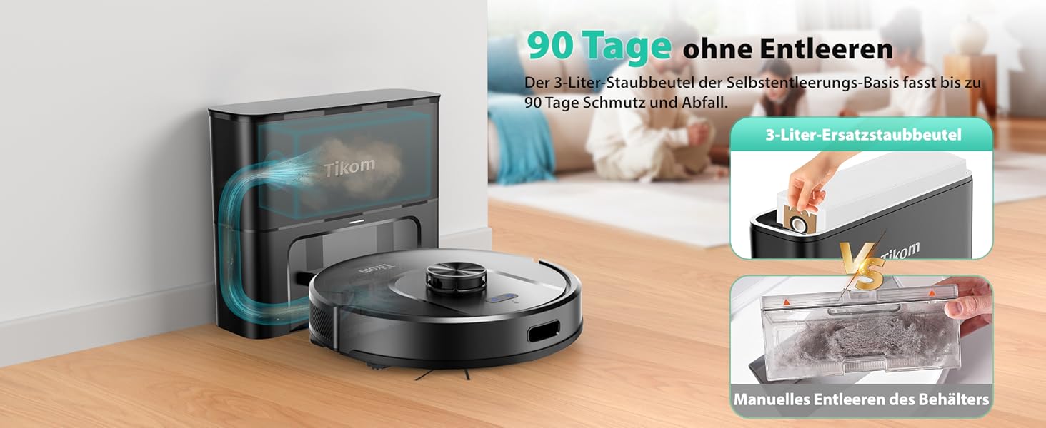 Робот-пилосос Tikom L8000 Plus з потужністю 6000Pa, станція самоочищення, LiDAR-навігація, Wi-Fi, мапінг, для шерсті тварин, килима та твердих підлог