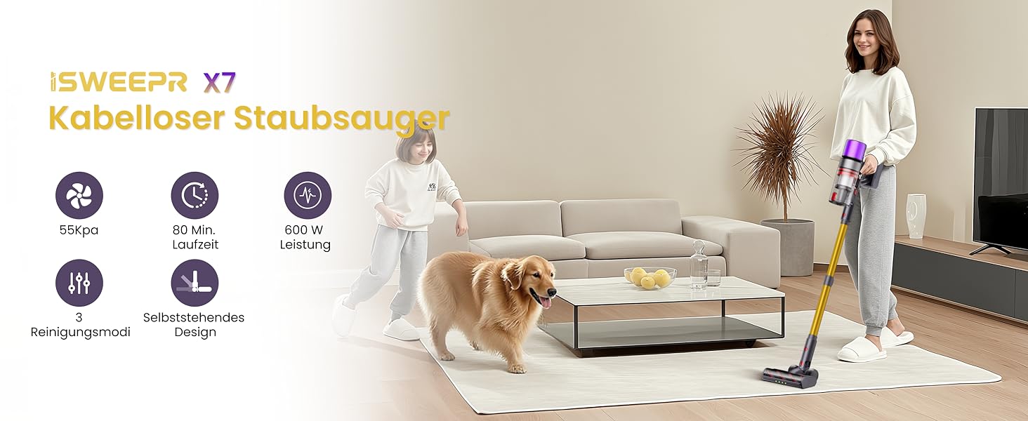 Бездротовий пилосос X7 55Kpa/600W/80Min з LED-дисплеєм, акумуляторний, самостійно заряджається, з антизаплутувальною щіткою, автоматичний режим для килимів, шерсті тварин та твердих поверхонь, золотий