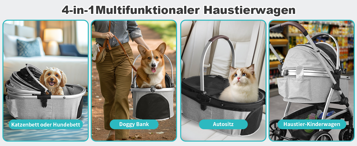 Візок для собак, складаний, до 25 кг, сірий. Алюмінієвий каркас, поворотні колеса, гальма, страхувальний ремінь, м'яке сидіння