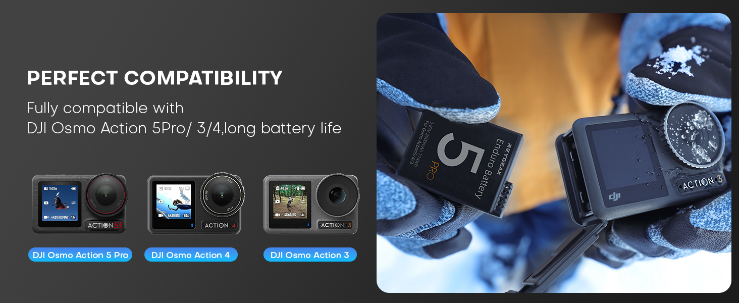 Акумулятор та зарядний пристрій для DJI Osmo Action 5 Pro/4/3: 2 шт. акумулятори, швидка зарядка PD, 2100 mAh