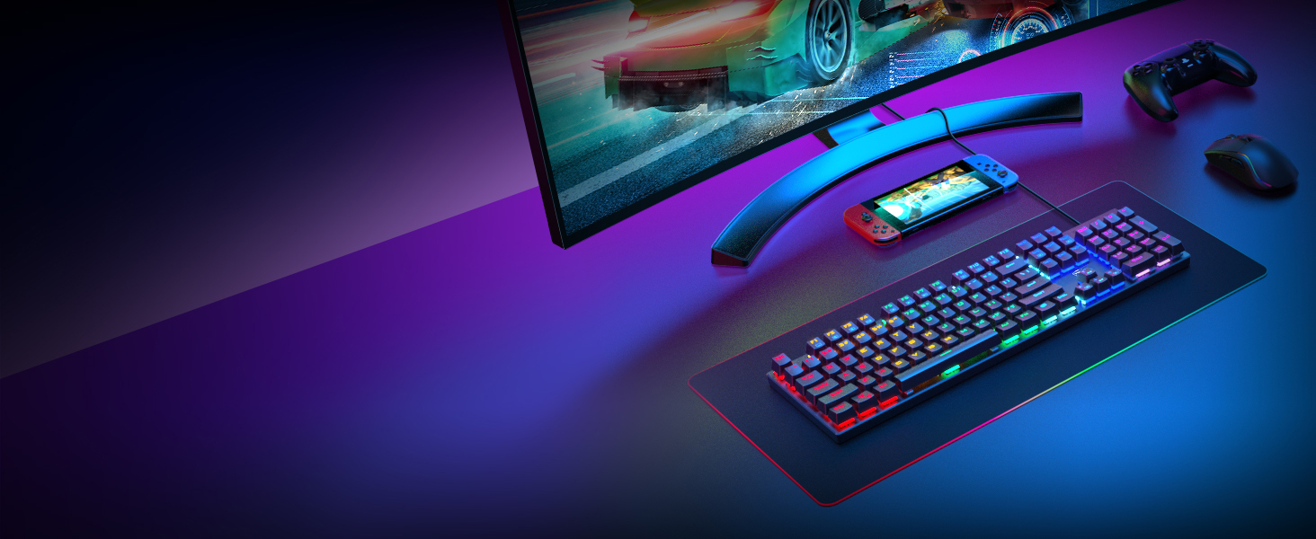 Механічна ігрова клавіатура RisoPhy, RGB, 104 клавіші, ультратонке підсвічування LED, провідне USB підключення, блакитний перемикач, чорний колір