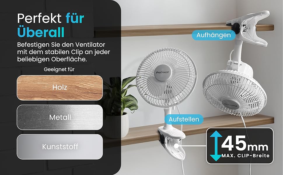 Mini вентилятор Pro Breeze з кліпсою, 20 см, 2 швидкості, тихий, для столу, офісу, кімнати, росту рослин, білий