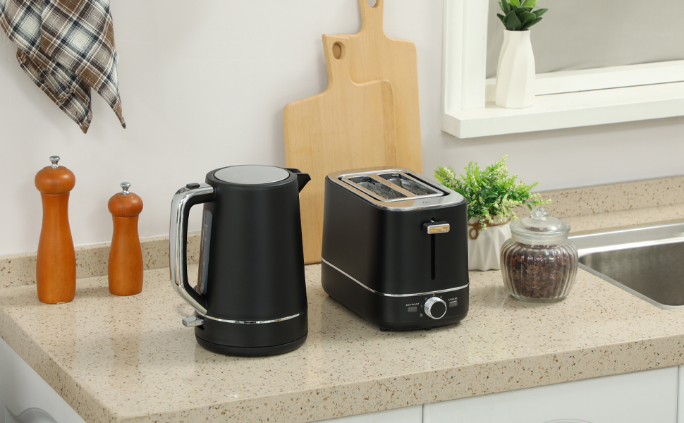 Набір для сніданку HOMCOM: чайник 1.7л та тостер на 2 тости, 6 рівнів підсмажування, з фільтром від накипу та піддоном для крихт, чорний