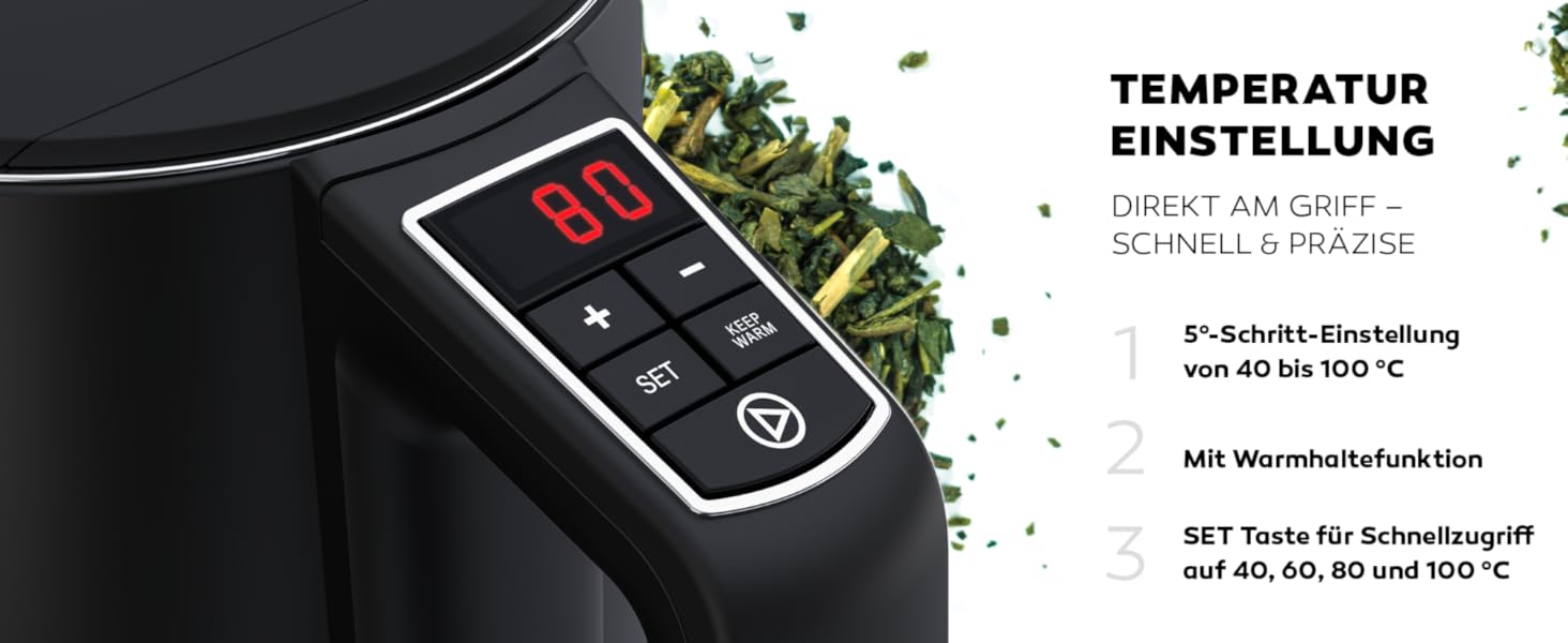 Balter Stainless Steel Electric Kettle with Temperature Control - 40°C to 100°C, Double Wall, BPA Free, 1.7L, 2200W, Quiet Kettle (D. Black)