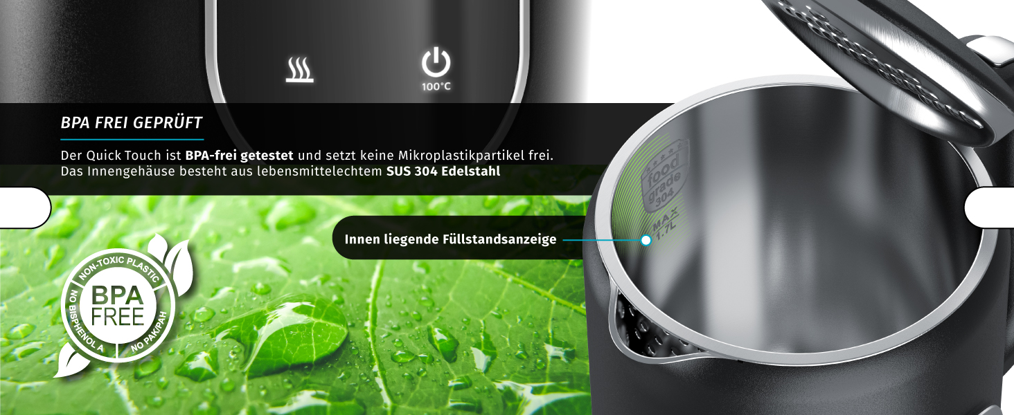 Електричний чайник Arendo з регулюванням температури, нержавіюча сталь, подвійні стінки Cool Touch, дисплей, бездротовий, 2200 Вт, 1.7л, захист від перегріву, функція підтримання тепла, чорний