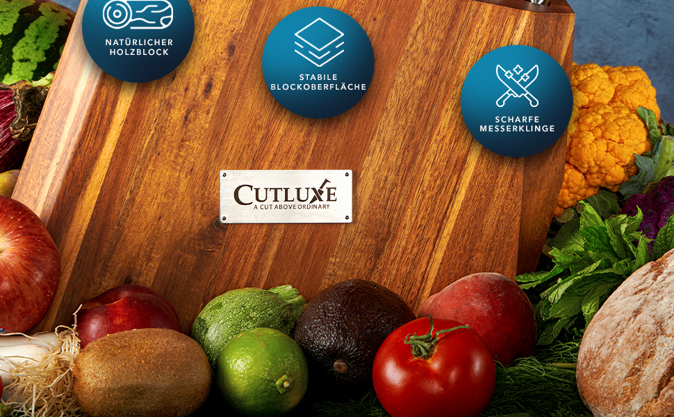 Набір ножів CUTLUXE Artisan Serie 8 предметів з бруском: кухарський ніж, сантoku, ніж для м'яса та інші. Виготовлено з високоякісної вуглецевої сталі, повнорозмірний клинок, блок з натурального акації.