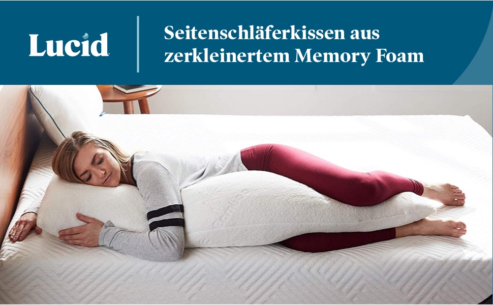 LUCID ортопедична подушка для сну на боці з подрібненої піни Memory Foam, тіло-подушка для вагітних, ультрам'який бамбуковий чохол, біла