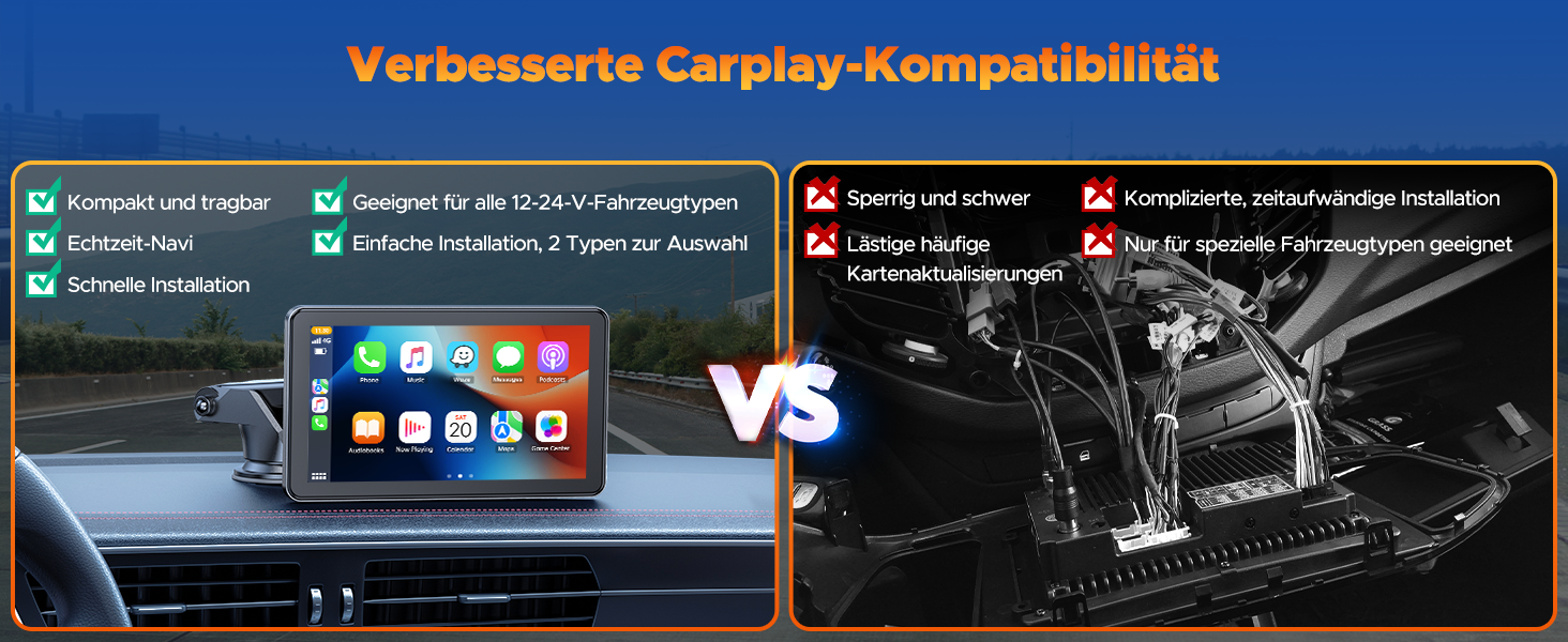 Volam Бездротовий CarPlay/Android Auto дисплей 7 дюймів, сенсорний екран, Mirror Link, навігація, музика, Siri, Google Асистент, Bluetooth 5.0, AUX, FM