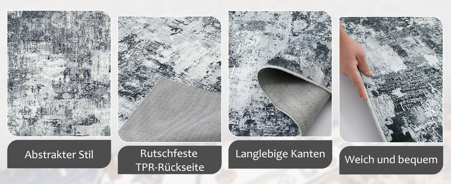 Килим для вітальні та спальні 160x230 см, сірий, короткий ворс, абстрактний, вінтажний дизайн, легко миється, не слизький