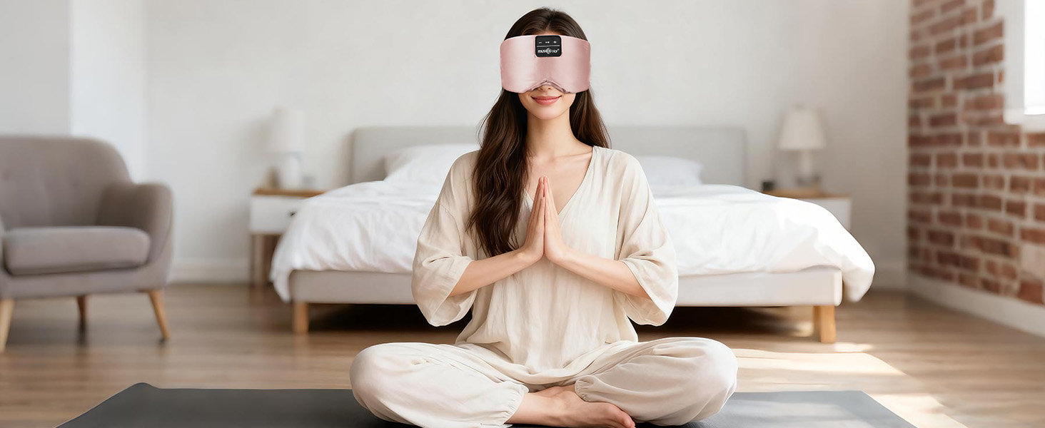 Маска для сну Bluetooth Musicozy з шовку (рожева): 3D маска з навушниками, повна темрява, для чутливих вух та очей, 14 годин автономії