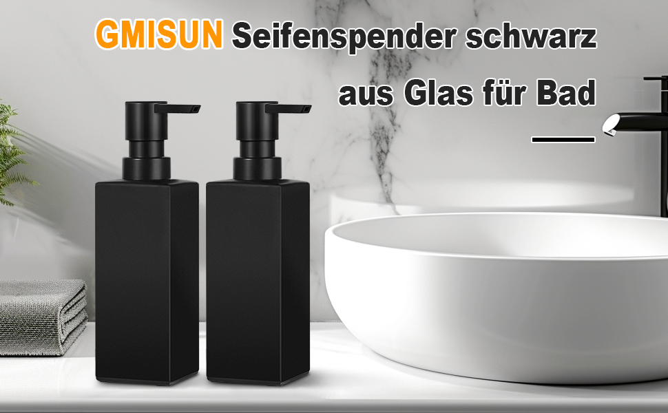 Дозатор для мила GMISUN для ванної кімнати та кухні, 350 мл, чорний скляний диспенсер з піддоном та водонепроникними етикетками (2 шт)